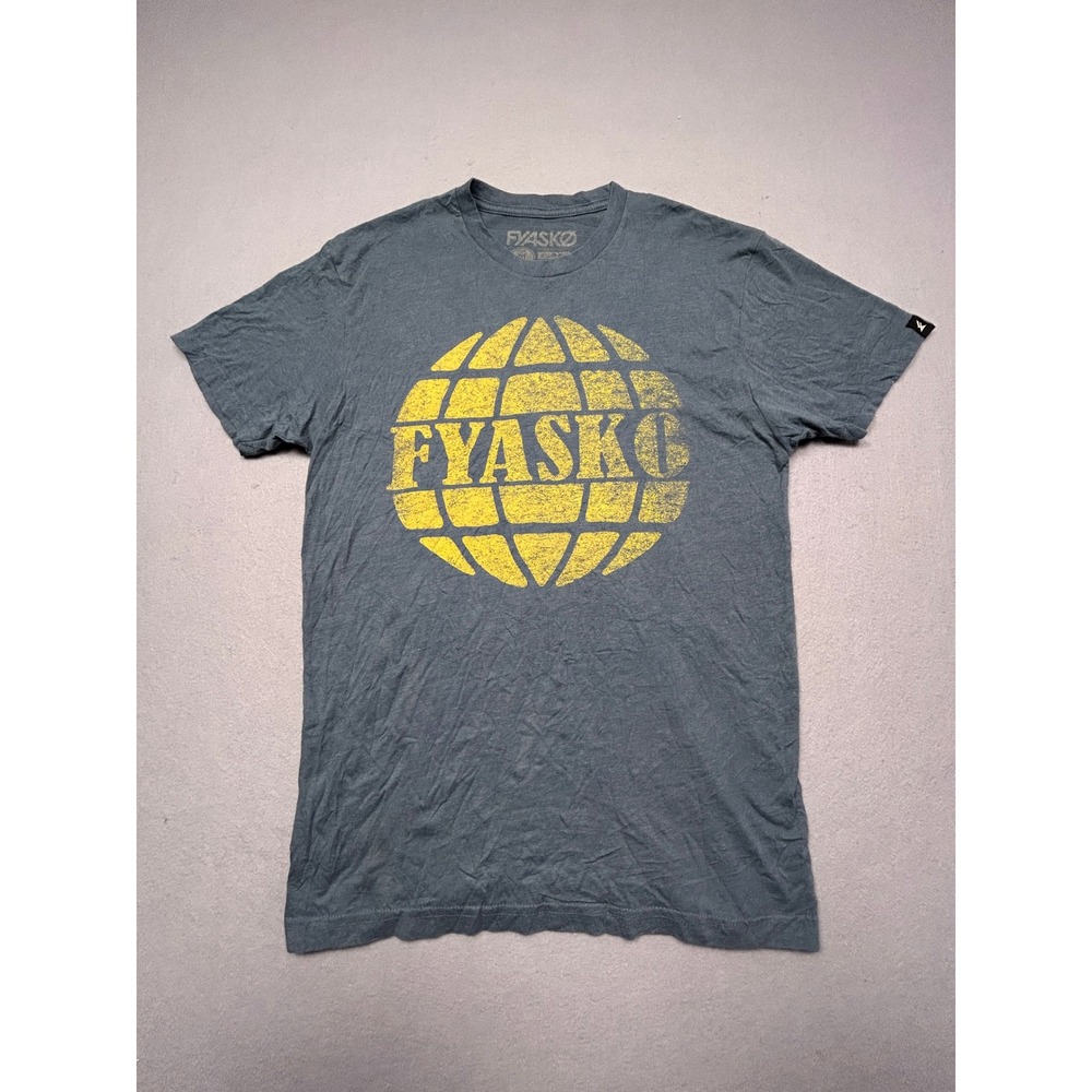 Fyasko T-Shirt Cotton Blend Heather Gray Yellow Globe Graphic Medium Mens